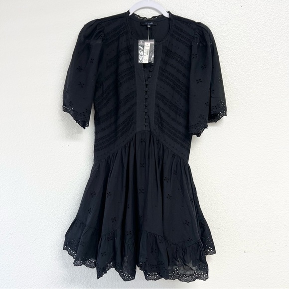 Madewell Eyelet Flutter Sleeve Mini Dress Cotton in Jet Black Size 00 NWT - Picture 7 of 15